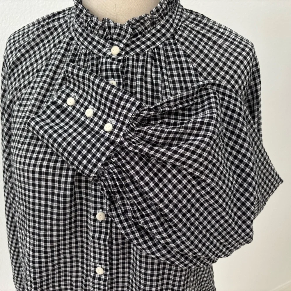 J Crew Ruffle Blouse NWT Black & White Plaid Cotton Blend Cottagecore 10